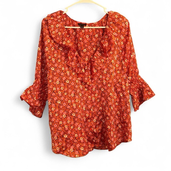 Ann Taylor Tops - Ann Taylor Red Orange Floral Ruffle Blouse Womens size L